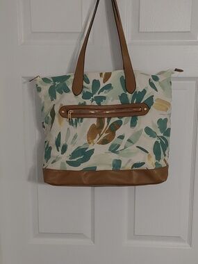 a new day Canvas Laptop Bag with Tan Leather & Floral Accents